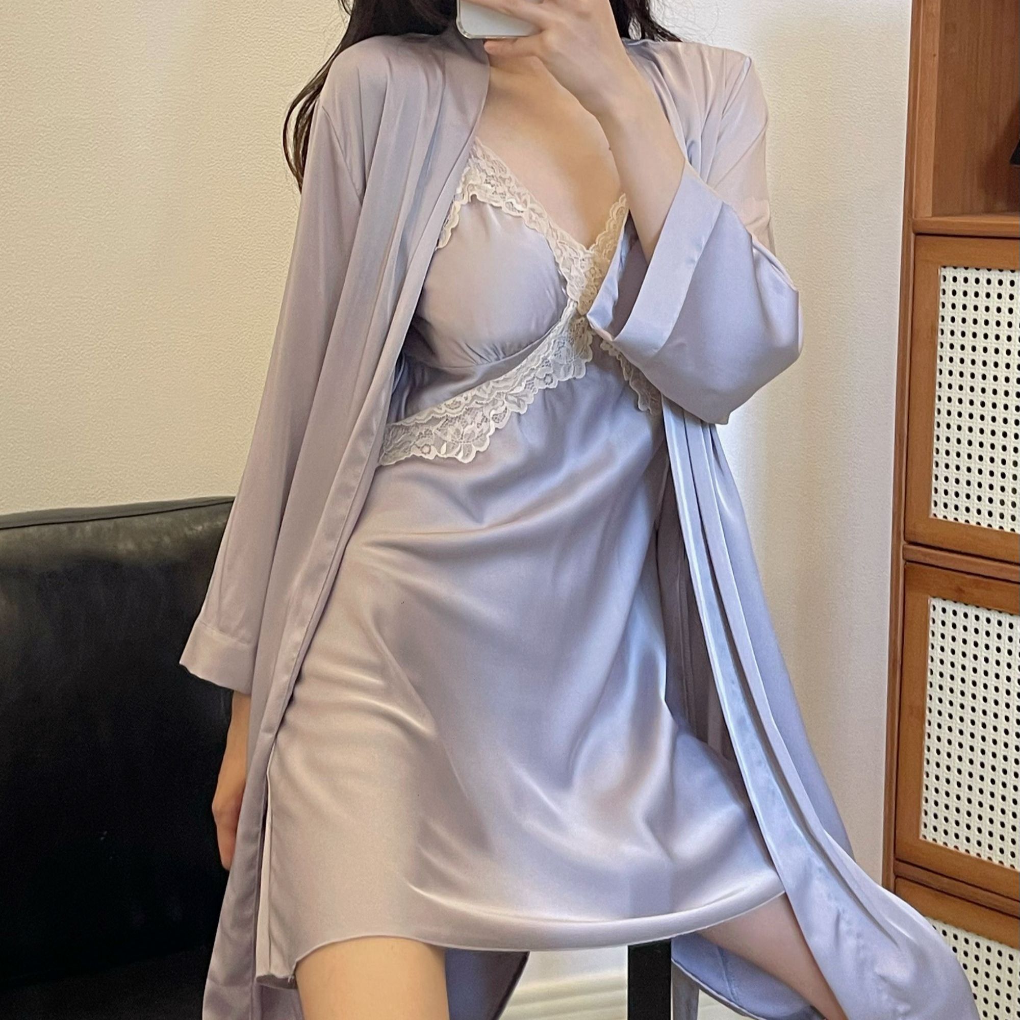 短款薄款常规款女睡衣家居服套装长袖睡袍性感夏季2件套蕾丝春秋
