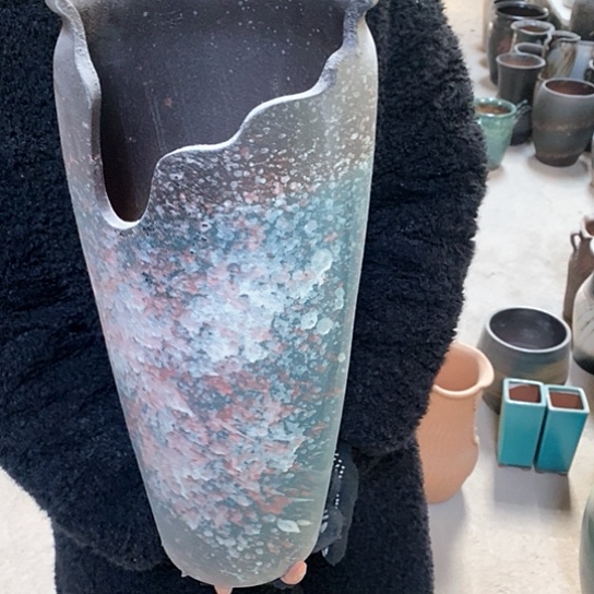 紫砂花盆口20高45，绿缺，瑕疵