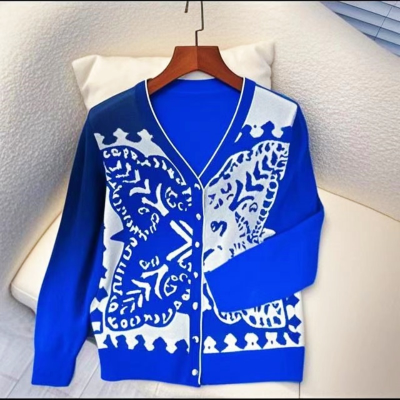 新2025春季时尚百搭桑蚕丝印花女士休闲长袖V领开衫-新8