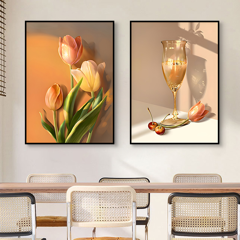 餐厅二联自粘装饰画现代简约花瓶壁画背景墙轻奢花卉客厅酒店贴画