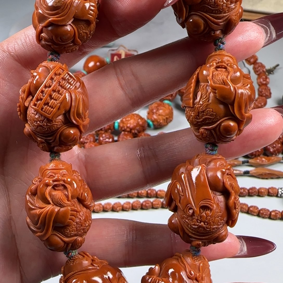 橄榄核手串/手链宽2.4鸡血红水晶核八宝财神手串手持