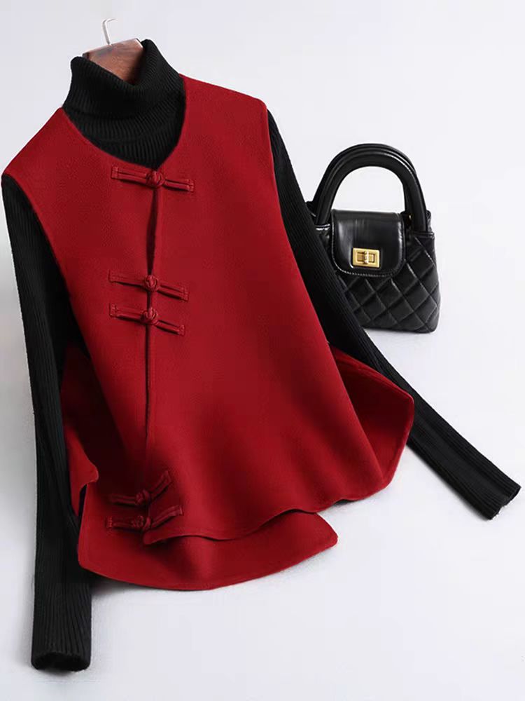 新中式毛呢马夹女秋冬季新款红色国风复古呢子外套