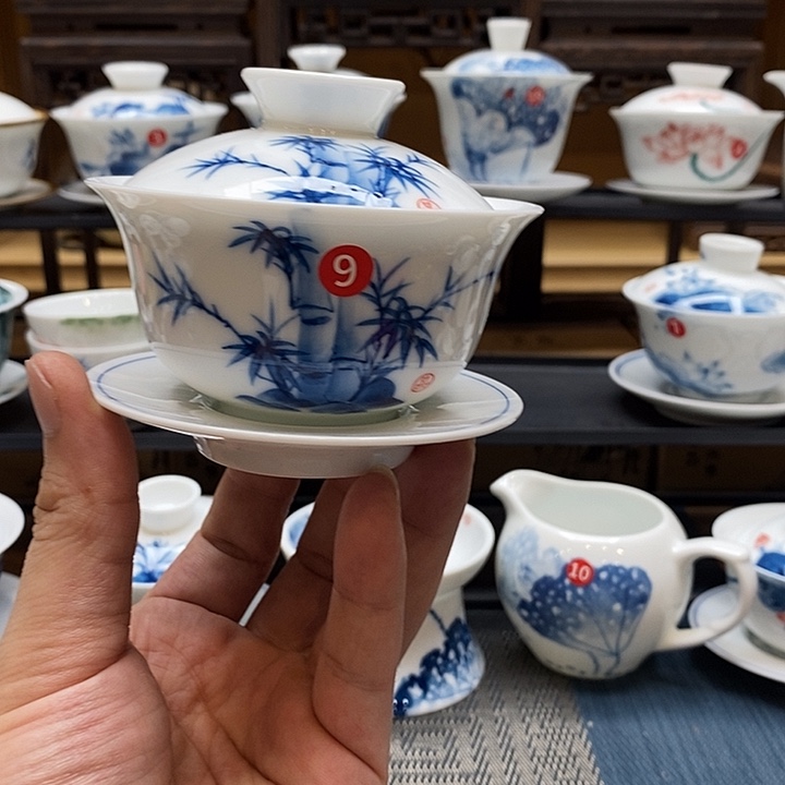手绘茶具竹子盖碗