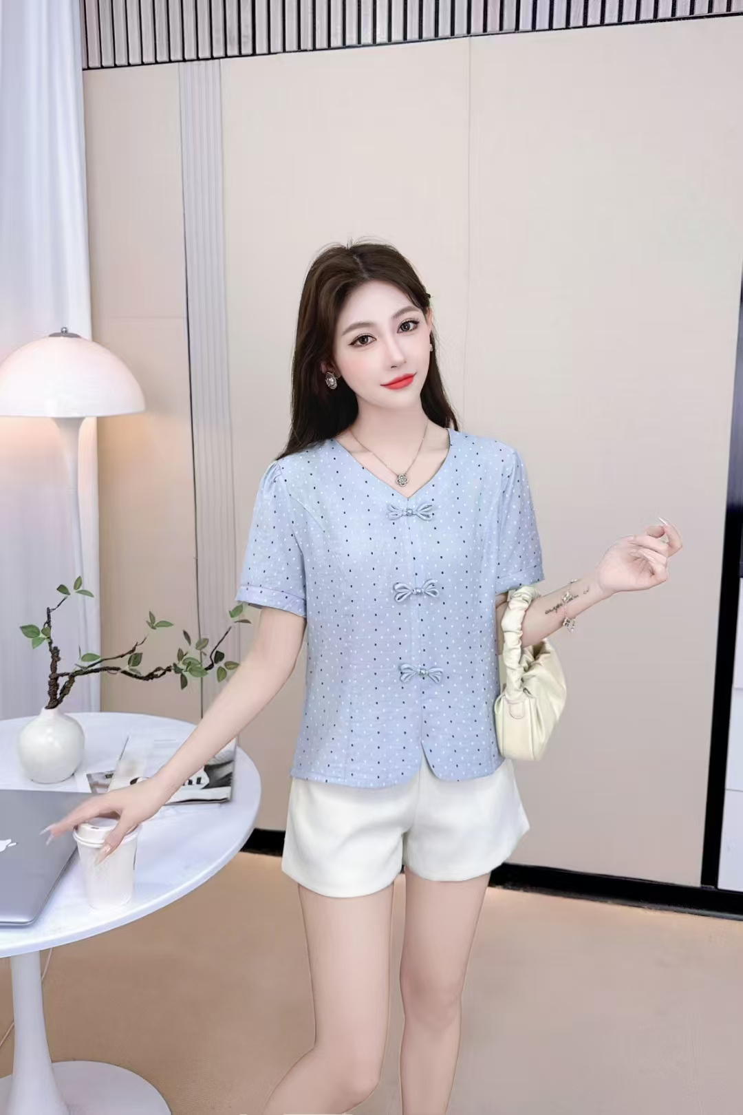  时尚新中式盘扣衬衫女 夏款洋气遮肉显瘦百搭国风波点短袖上衣