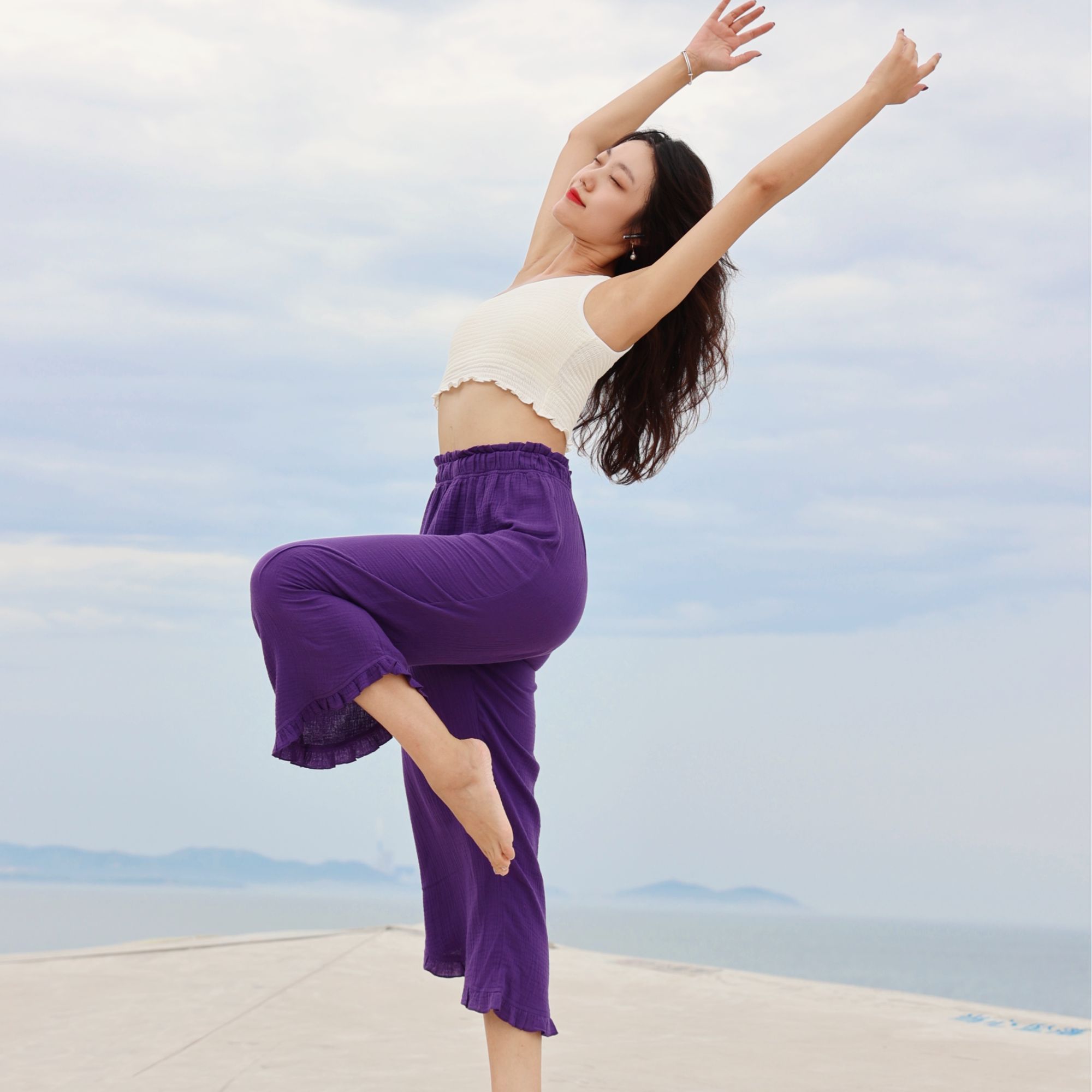 紫色花边瑜伽裤婴儿棉纱透气巴厘岛风休闲裤内观流瑜伽服