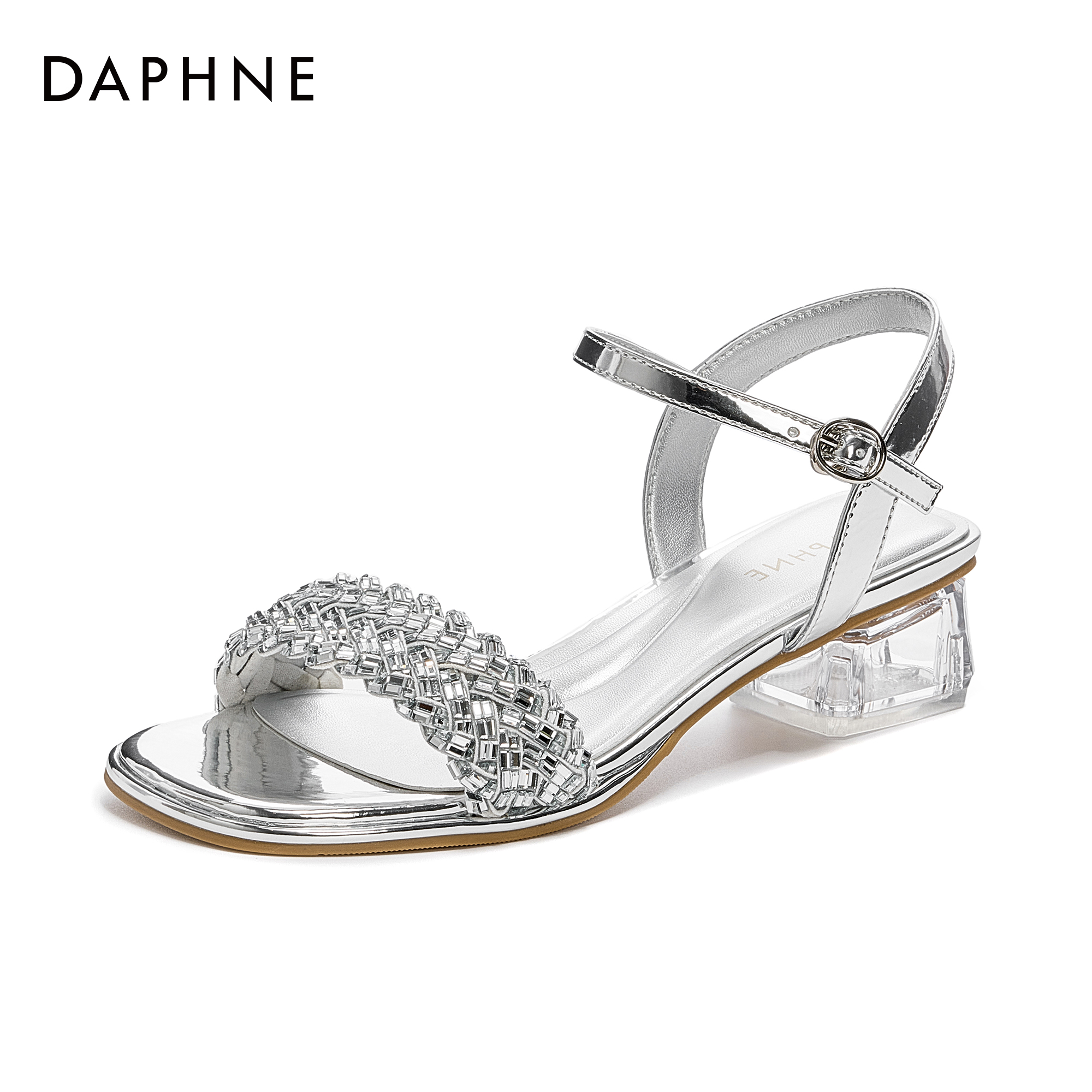 达芙妮法式新款仙女风粗跟拖鞋女夏外穿2025花朵水钻配裙水晶凉鞋