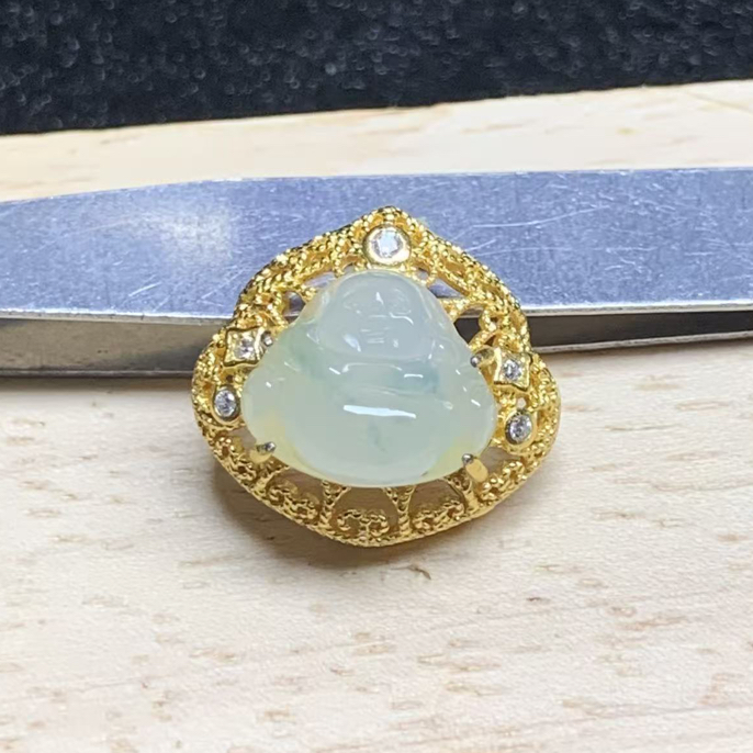 天然缅甸翡翠A货925银镶嵌佛公吊坠玉坠项挂件尺寸15.5×16.7×9.2