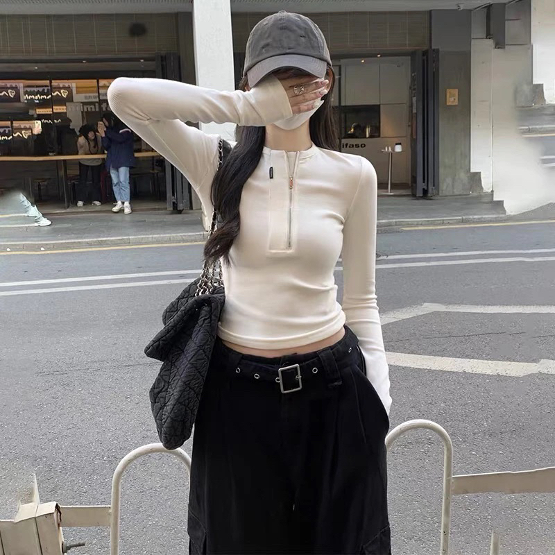 拉链美式辣妹正肩长袖t恤女2025新款秋冬修身显瘦上衣