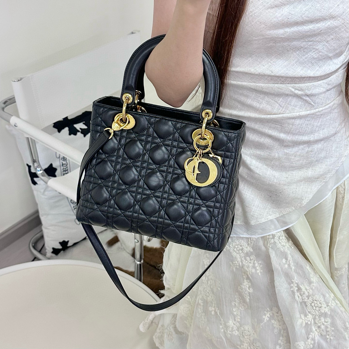 95新 DIOR/迪奥 dior黑金五格戴妃手提斜挎包K