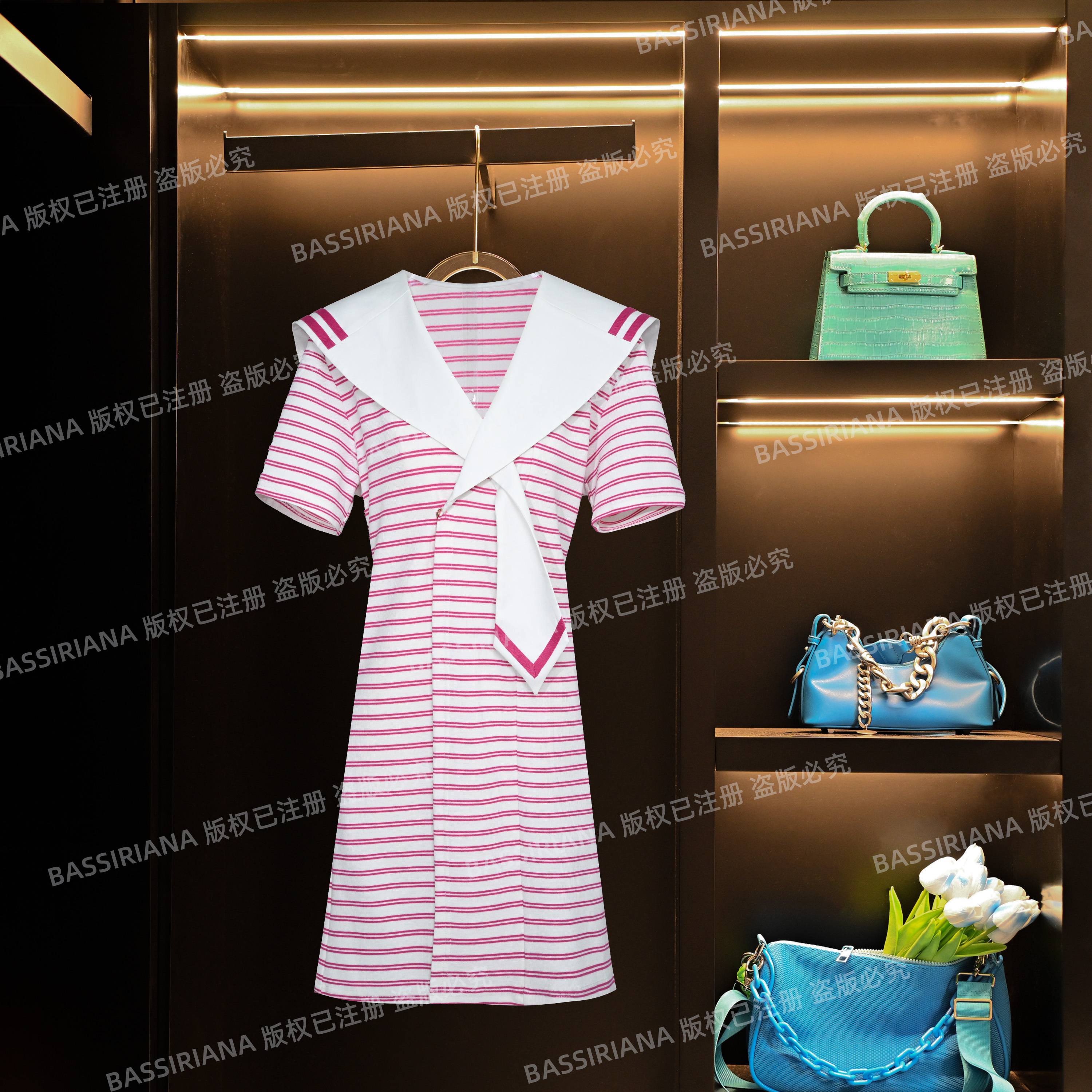 LILI【UKKUSTUDIO】法式连衣裙海军轻奢气质粉色百搭连衣裙512329