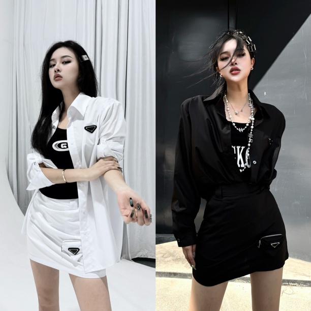 Blackgirl新款【让他滚蛋】夏季中性风极简高级感防晒衬衫套装短裙