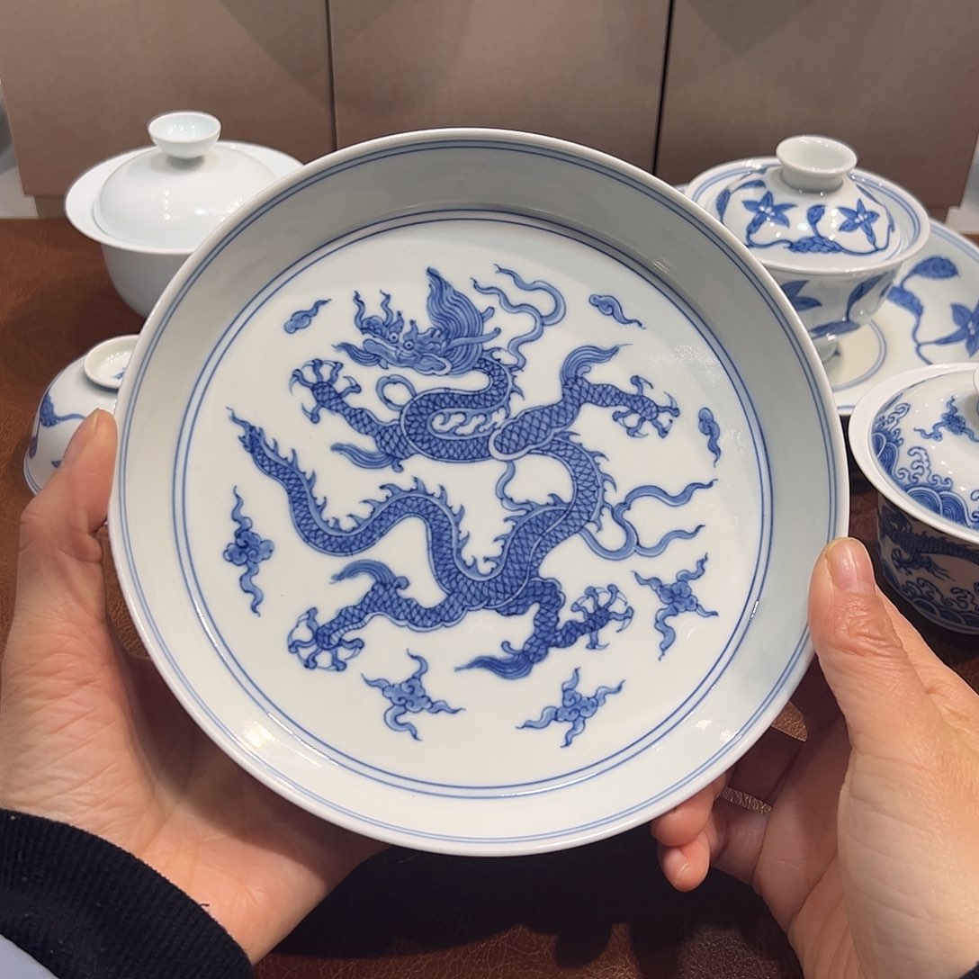 壶承青花海浪龙纹壶承17厘米