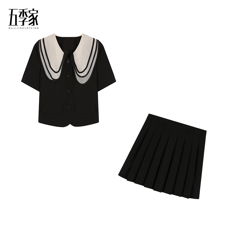 【五季家大码】减龄显瘦夏季娃娃领上衣百褶半裙两件套ZL93475
