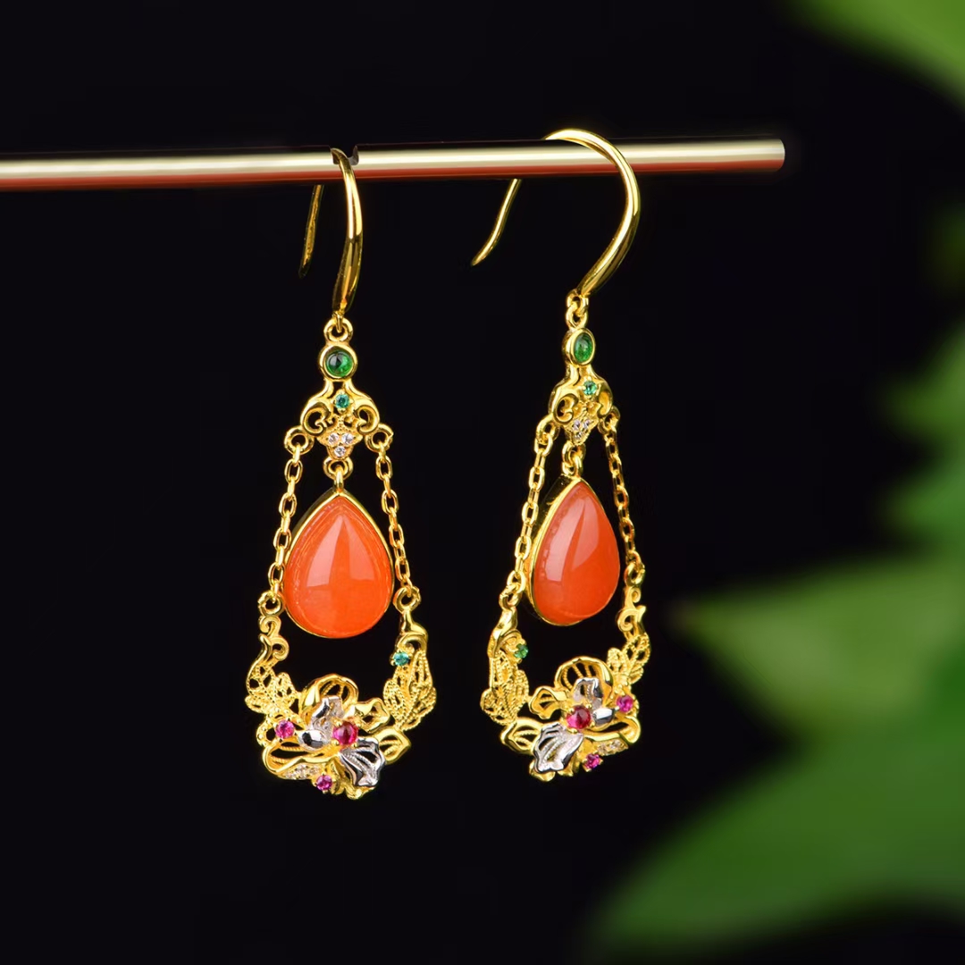 天然南红水滴耳环耳坠925银镶嵌时尚温婉