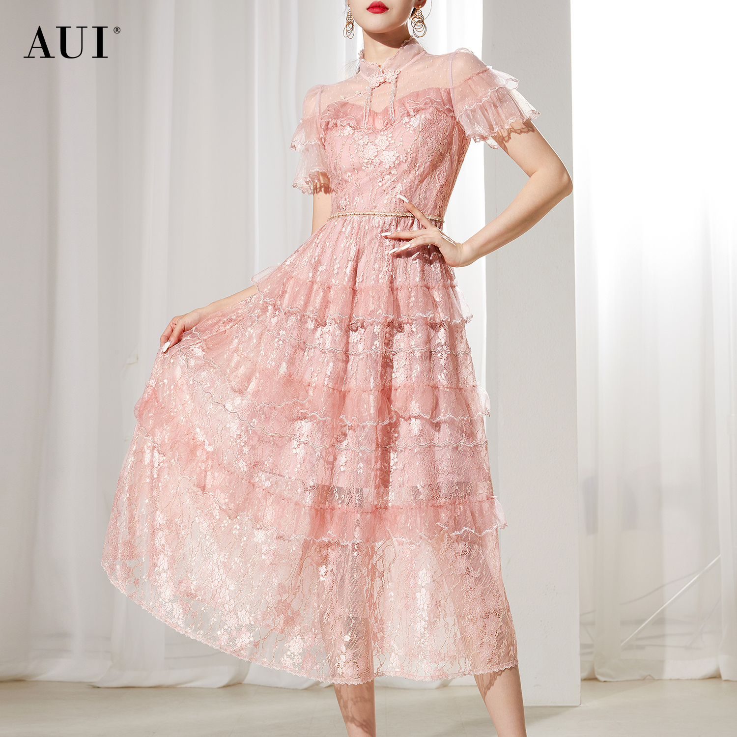 【青梨专属】AUI粉色新中式立领旗袍连衣裙网纱裙-24X014077