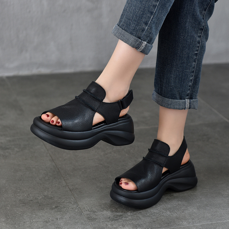 【牛皮】轻便厚底真皮凉鞋鱼嘴鞋2025年夏季新款头层牛皮松糕跟后空