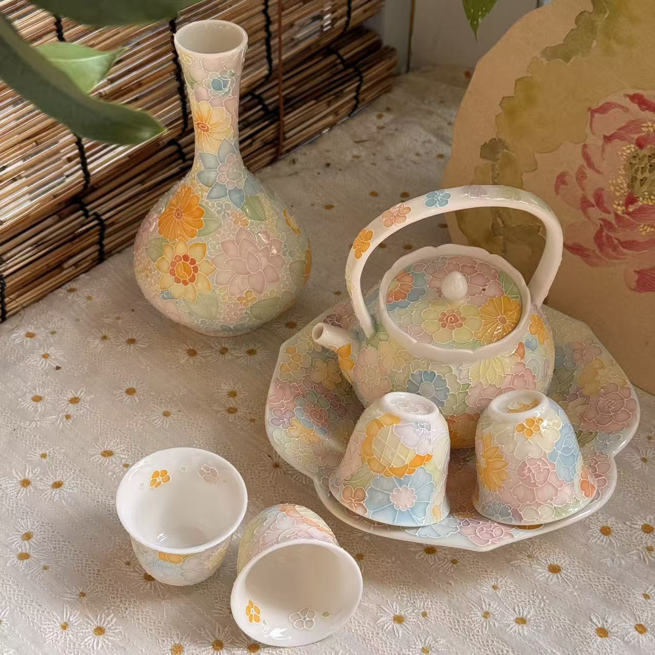 景德镇釉下彩立体手绘万花茶具 万花提梁壶  精美轻奢送礼好物  