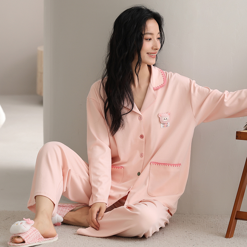 秋冬长袖高支紧密精梳棉开衫翻领女士纯棉睡衣家居服套装