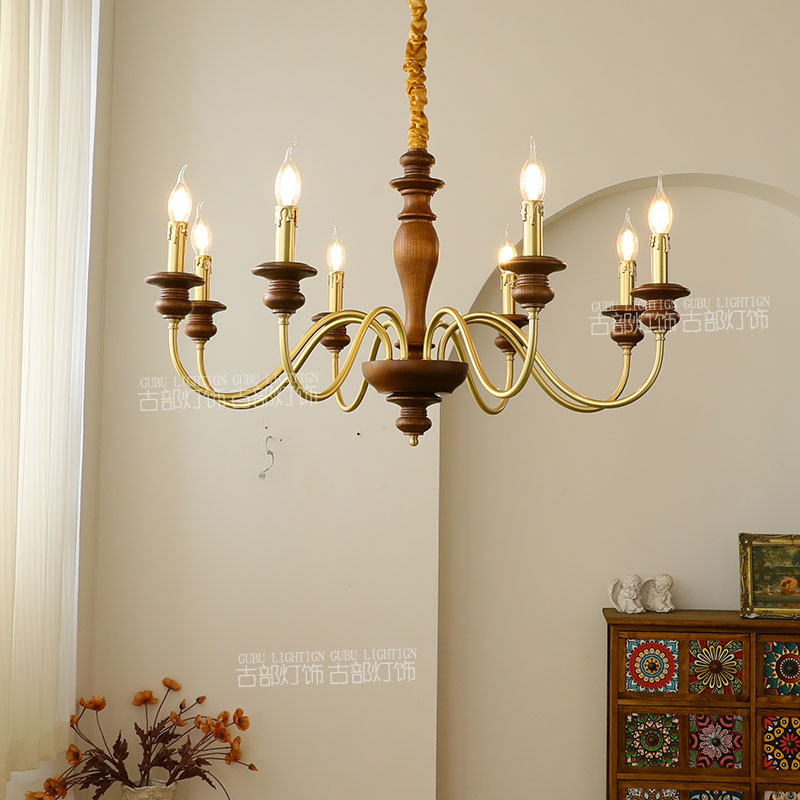美式复古客厅蜡烛吊灯大厅主灯全铜白蜡木法式中古餐厅卧室吊灯