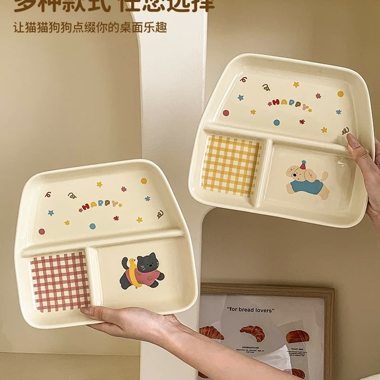 日式卡通狗狗长方形分格餐盘家用早餐盘水果盘一人食