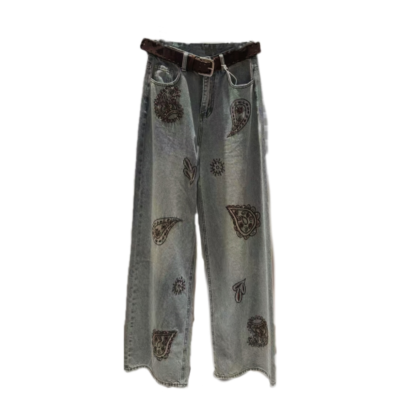 重工刺绣山茶花烫钻高腰直筒显瘦牛仔裤