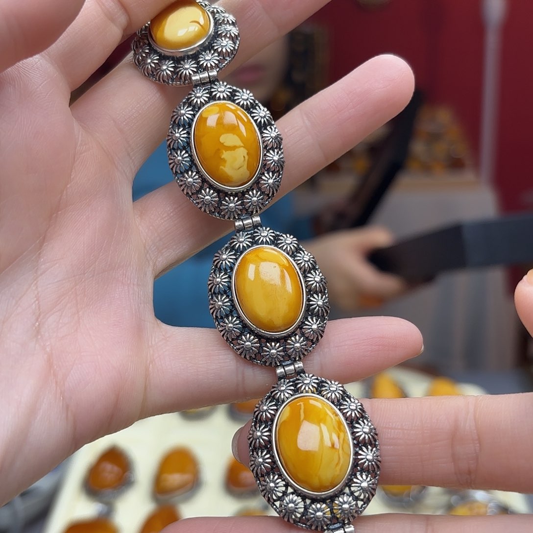 琥珀裸石银S925镶嵌25手链