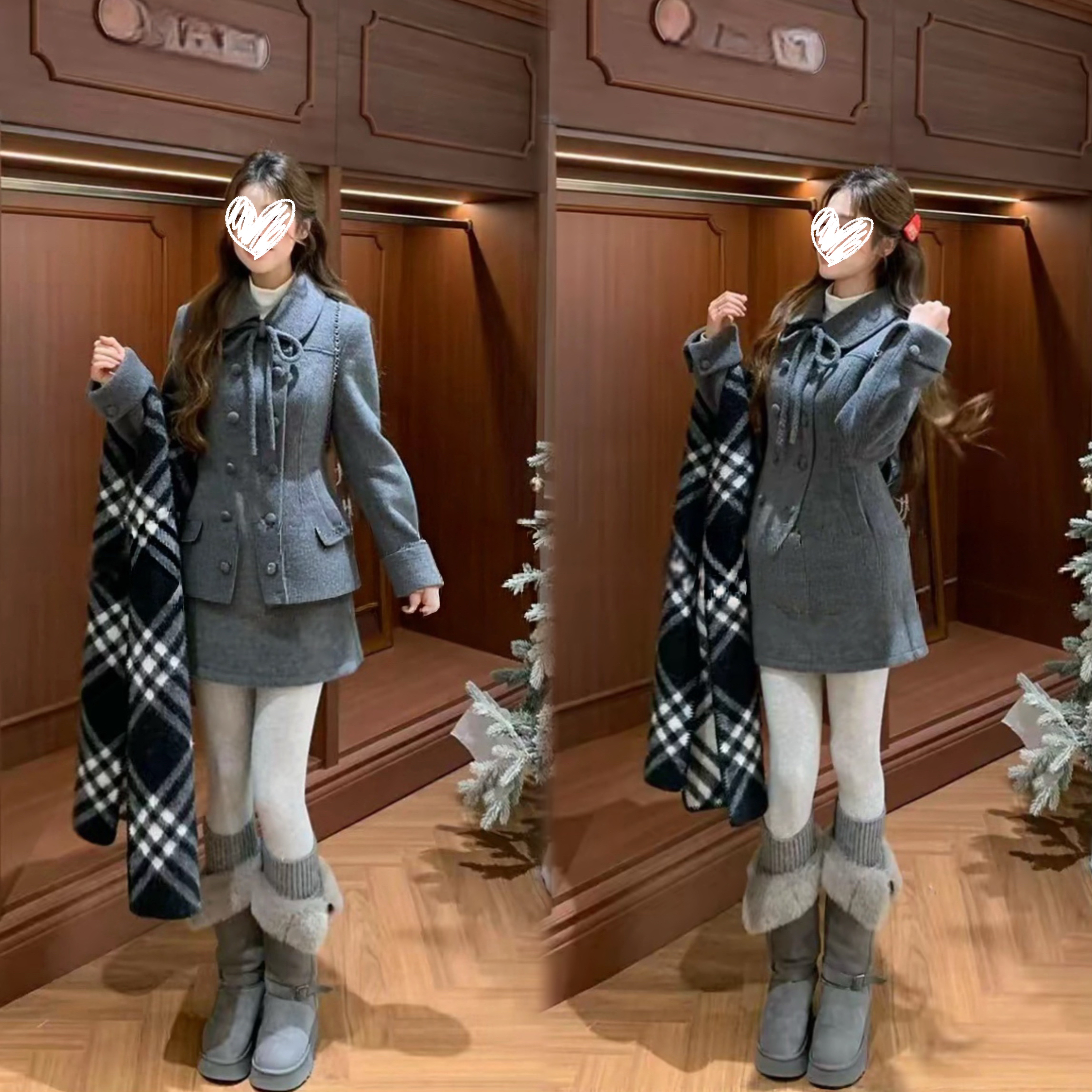 冬季新款韩系大码双排扣蝴蝶结显瘦夹棉上衣宽松加厚毛呢短裙套装