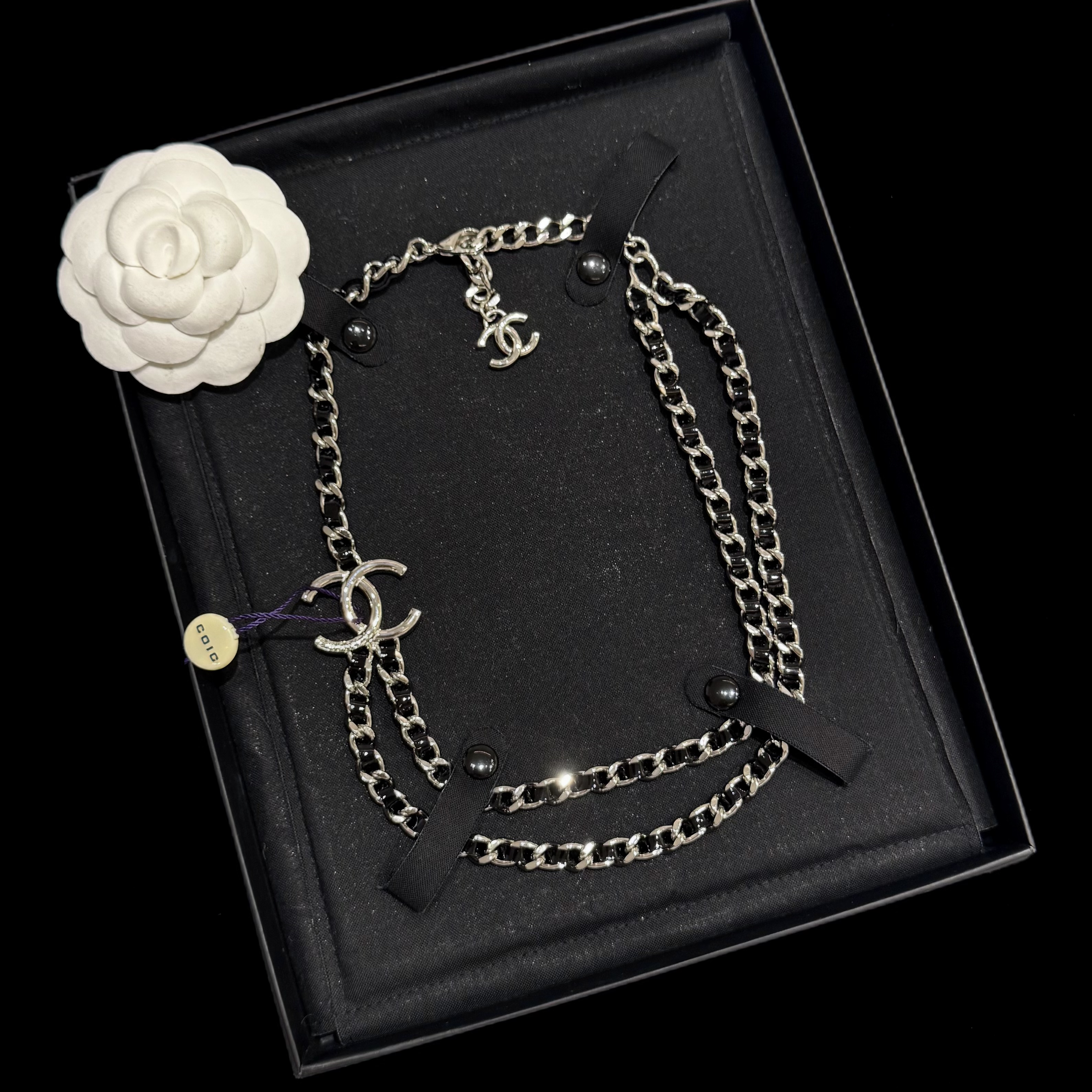 95新 Chanel/香奈儿 Chanel25p银色双c皮穿链双层项链 2508489