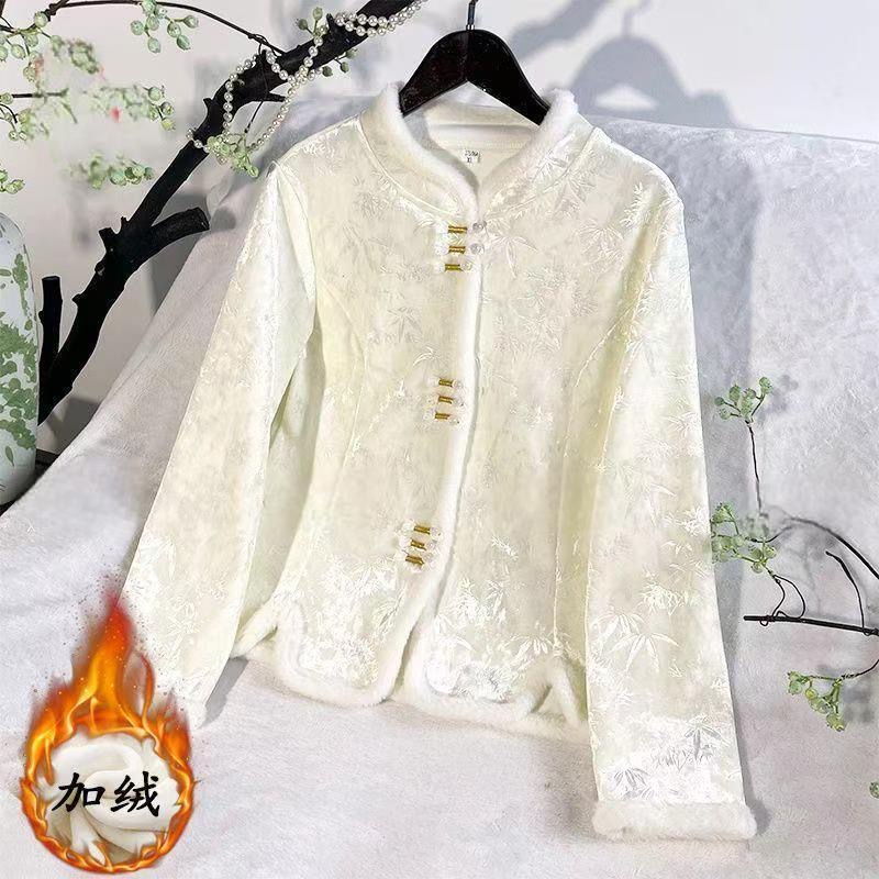 冬季新款新中式加绒加厚盘扣立领提花显瘦百搭国风打底上衣