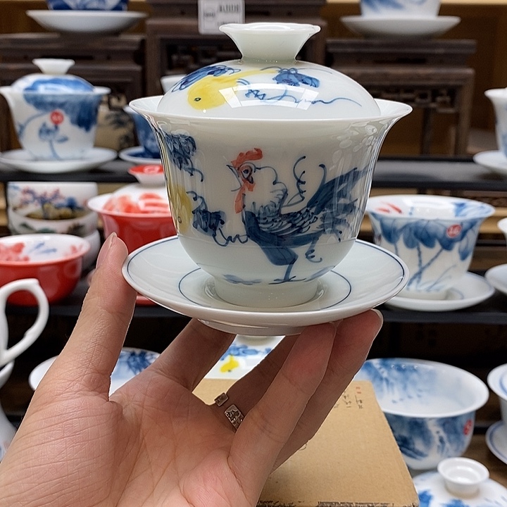 手绘公鸡盖碗160cc釉下彩微瑕福利款