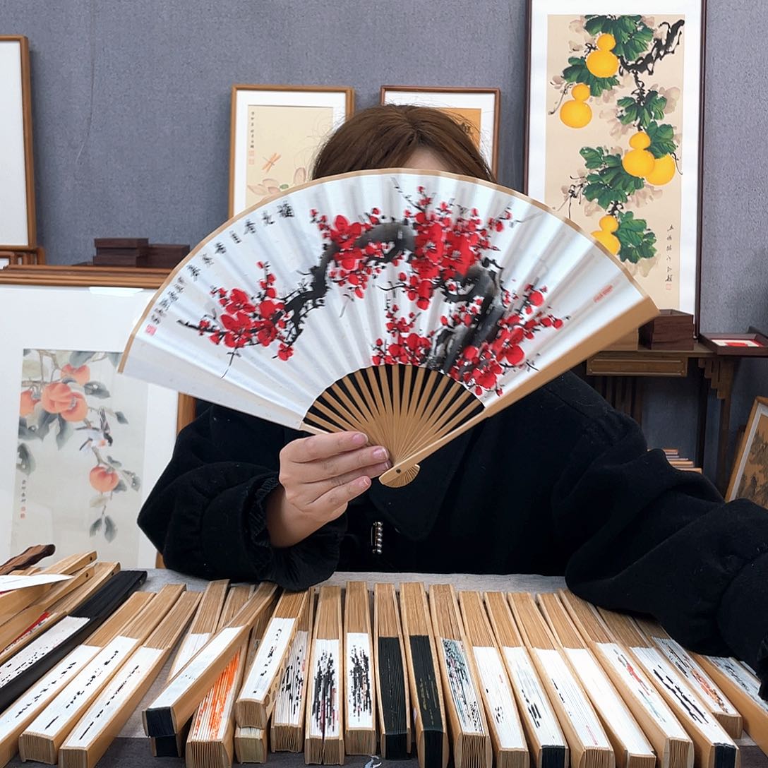 国画8寸玉竹-纯手绘-文玩扇骨（默认粘好）