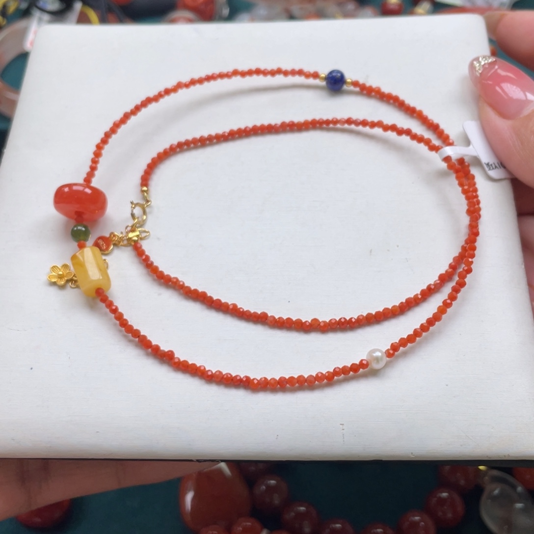 南红玛瑙银S925镶嵌保山南红切面dly锁骨链