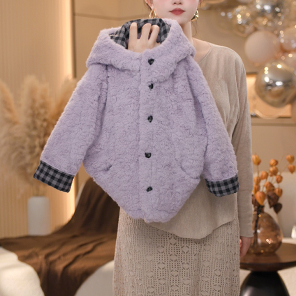 【米拉5】女童紫色加绒加厚毛毛衣外套2025秋冬保暖季中大童棉服