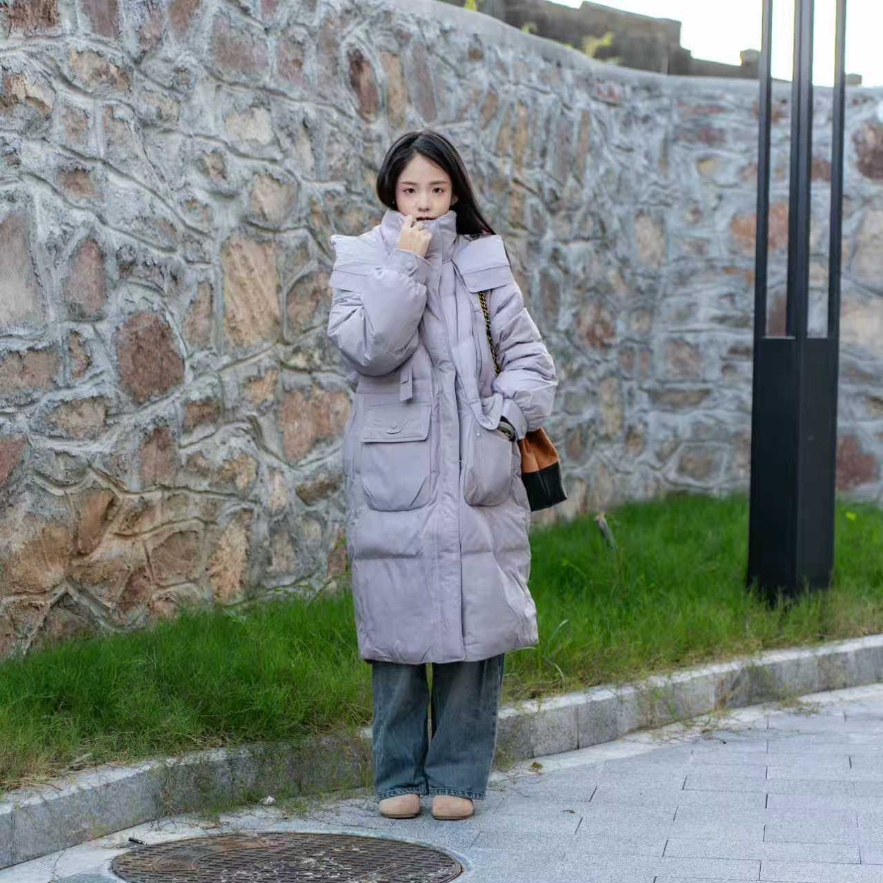 【9988】纯色羽绒服女冬新款白鸭绒连帽长款宽松