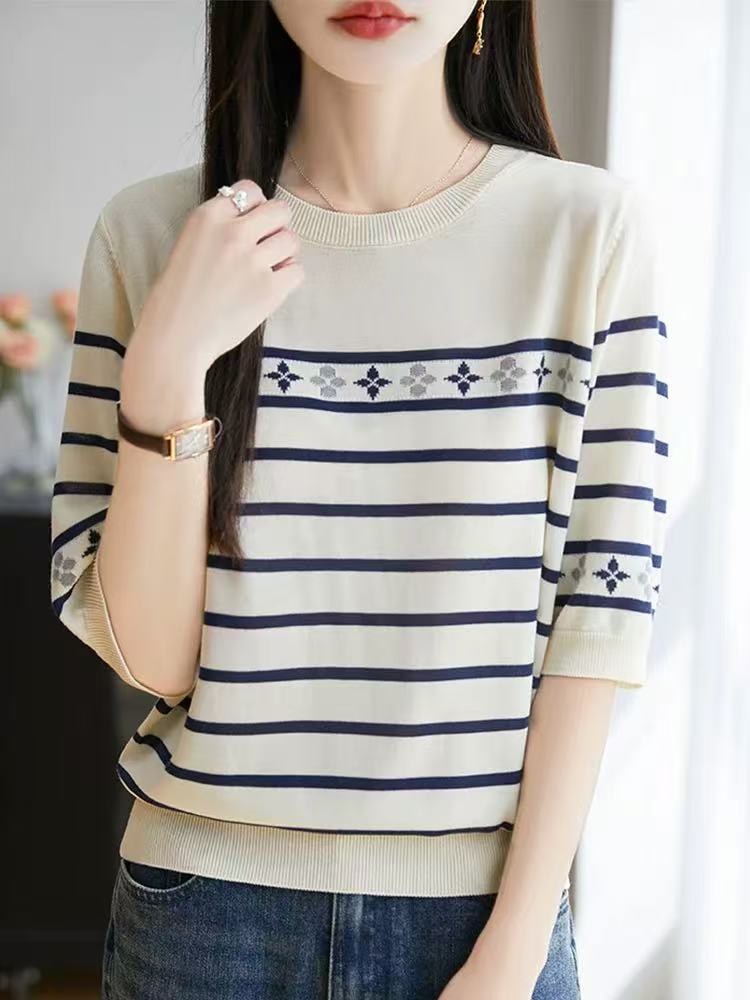 354【杏  山茶花   圆领短袖】高级气质针织女衫