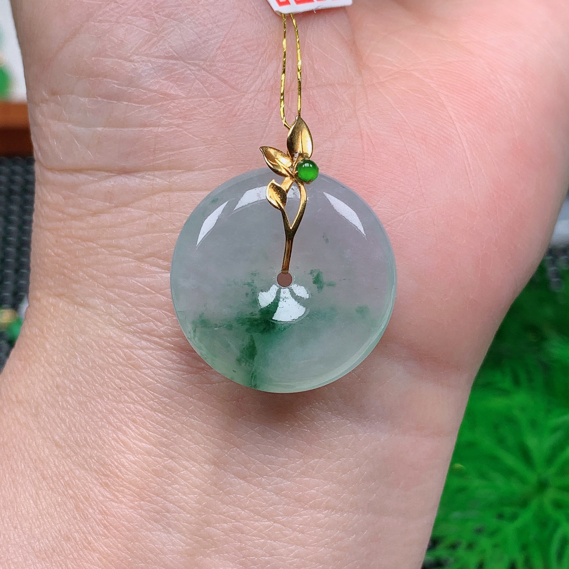 缅甸天然翡翠A货 冰润飘花平安扣18/1213(尺寸22.9x5.7)