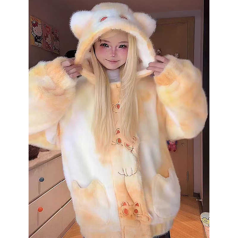 可爱小猫刺绣连帽棉衣棉服女冬季毛茸茸渐变色宽松甜妹外套#WY213