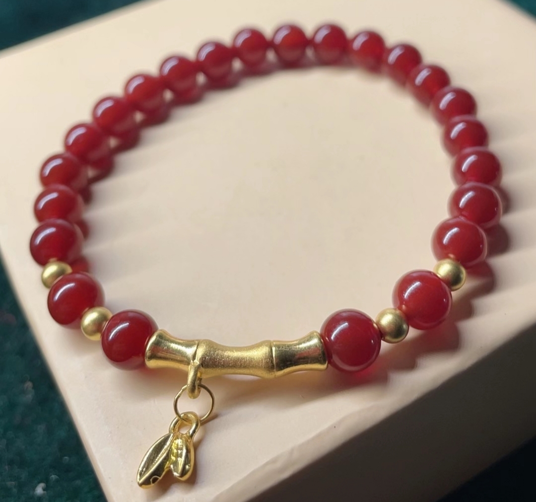 B(013）足金带叶竹节+3.5mm古法金珠4颗（赠卡六红玉 髓）多样性发货