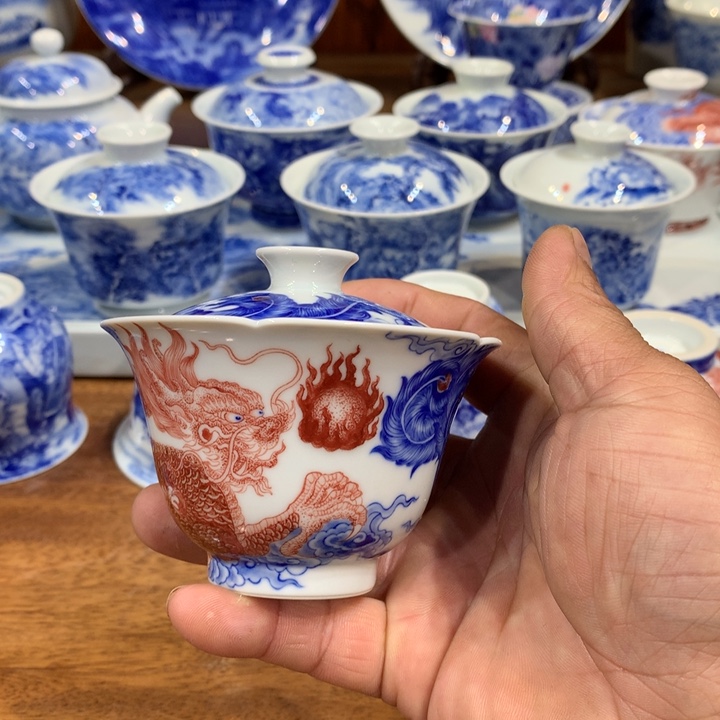 自成堂柴窑青花龙凤盖碗