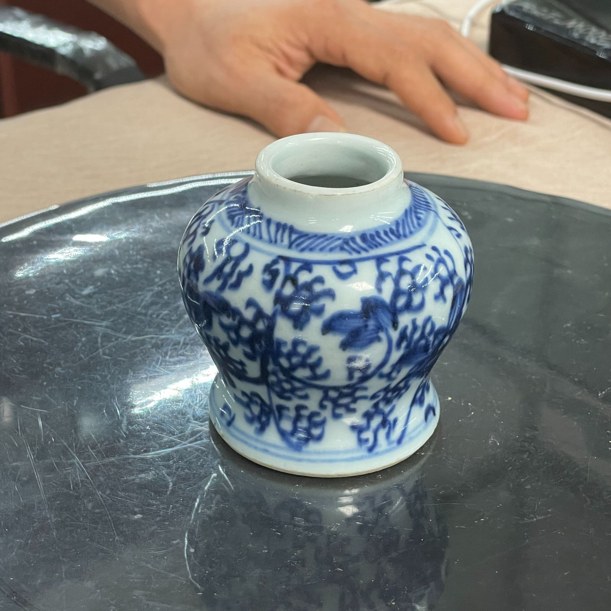 【青花天字罐】古韵典雅艺术蓝色陶瓷手绘老物件小盘老厂鱼藻纹