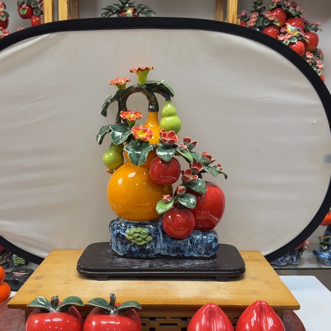 陶瓷富贵平安送桃子苹果底座高42