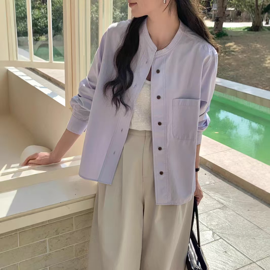 韩系衬衫气质宽松短款长袖上衣纯色春季外搭