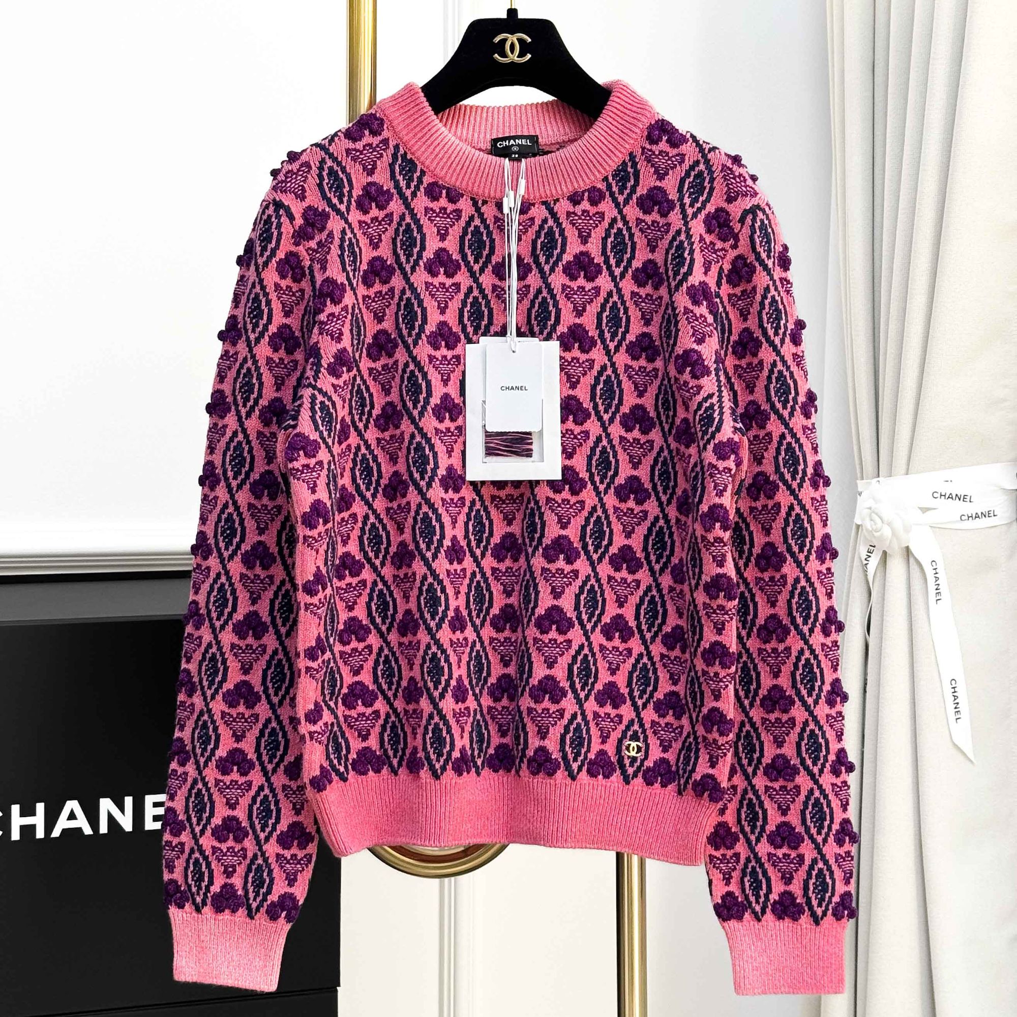 99新 Chanel/香奈儿 38码22K粉色混色山羊绒针织圆领毛衣 