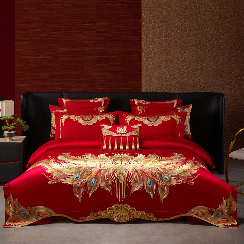 （富贵望族）纯棉婚庆重工刺绣四件套全棉长绒棉大红结婚床品套件
