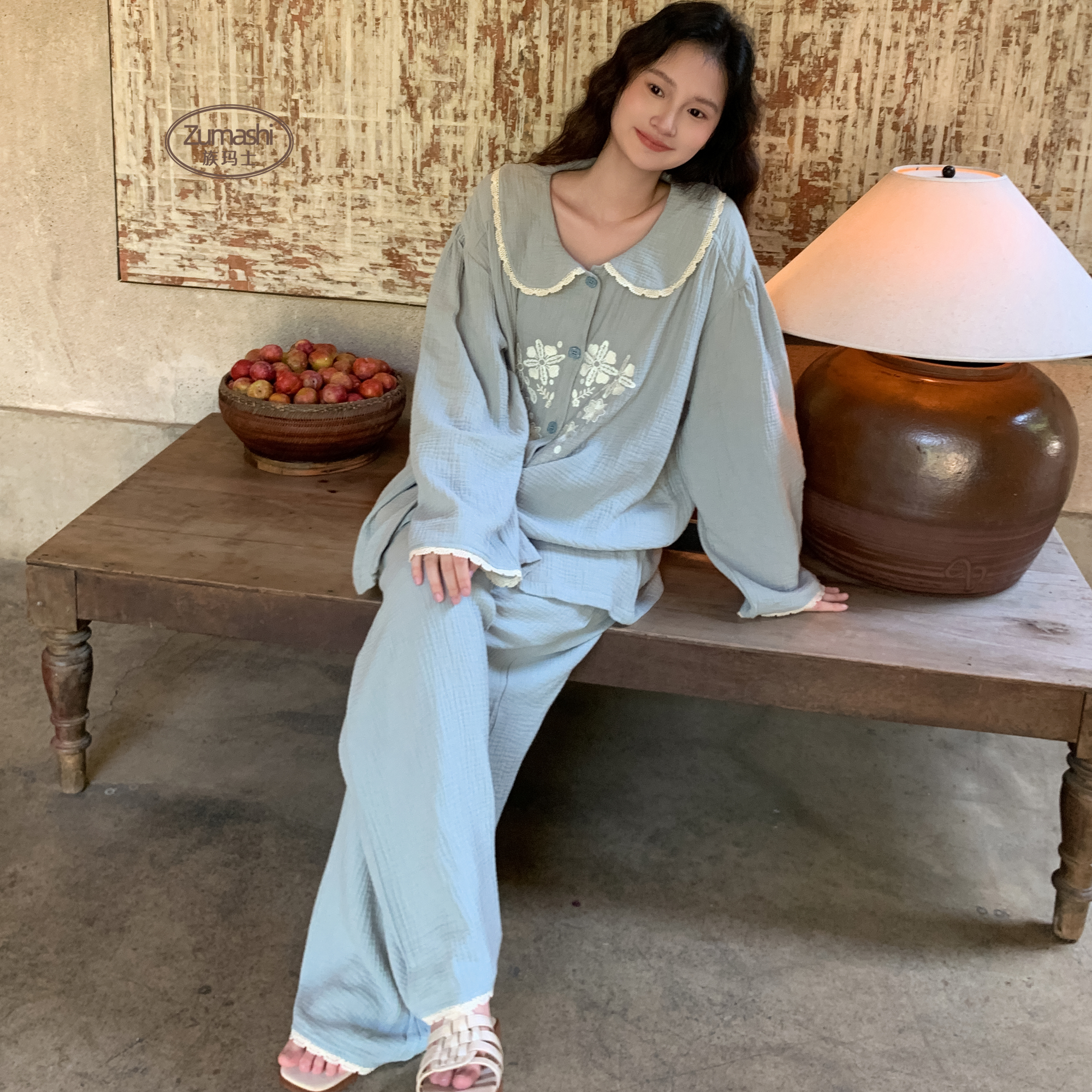 族玛士纯棉纱布睡衣女士2025新款春秋季长袖冬刺绣大码家居服套装