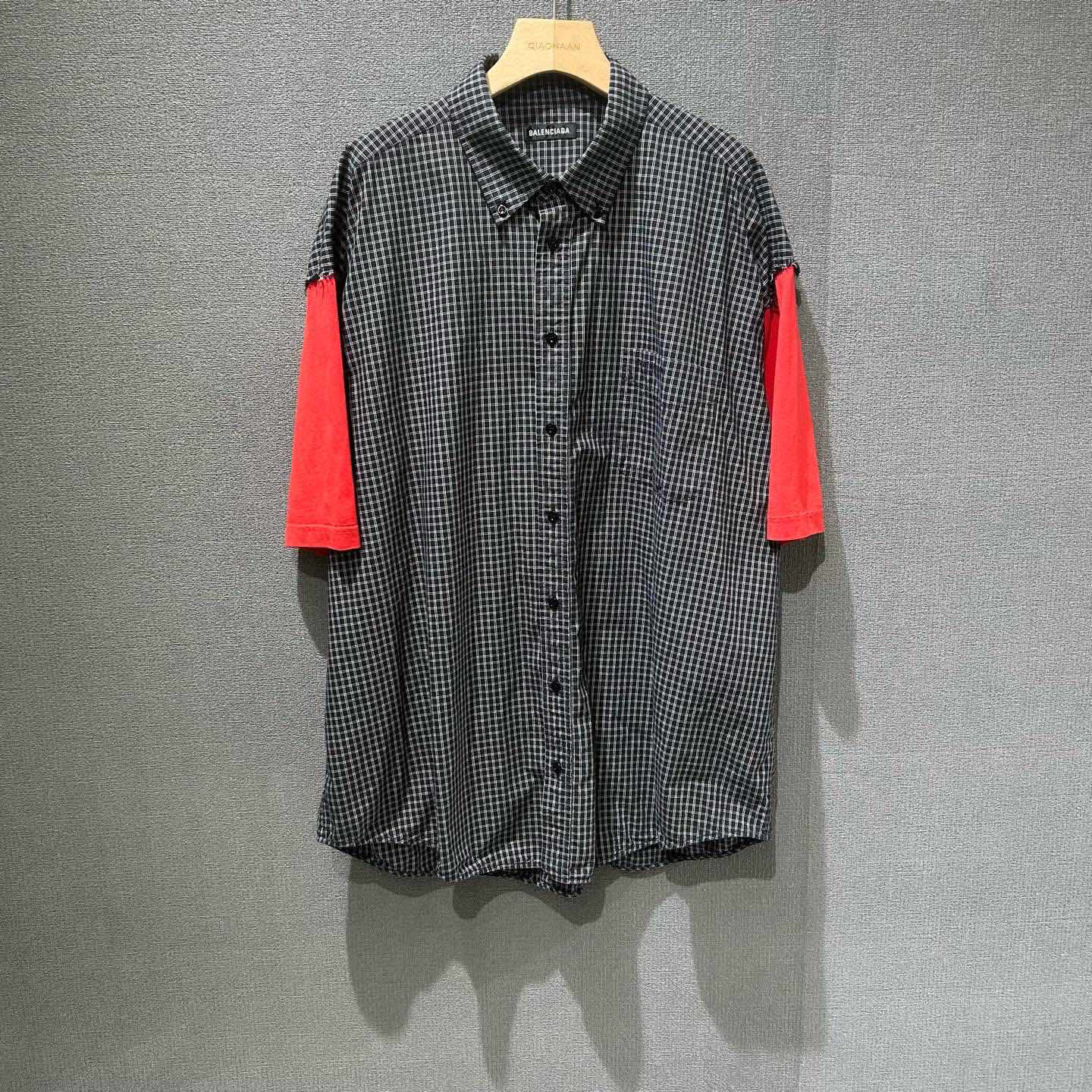 99新 Balenciaga/巴黎世家 格纹拼接短袖衬衫 99新39码/9873