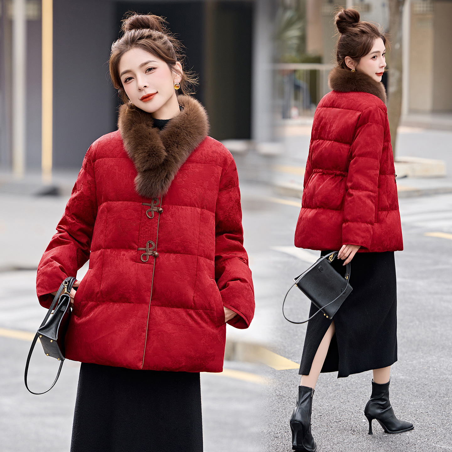 新中式国风提花羽绒服女2025冬季新款气质复古盘扣加厚狐狸毛外套