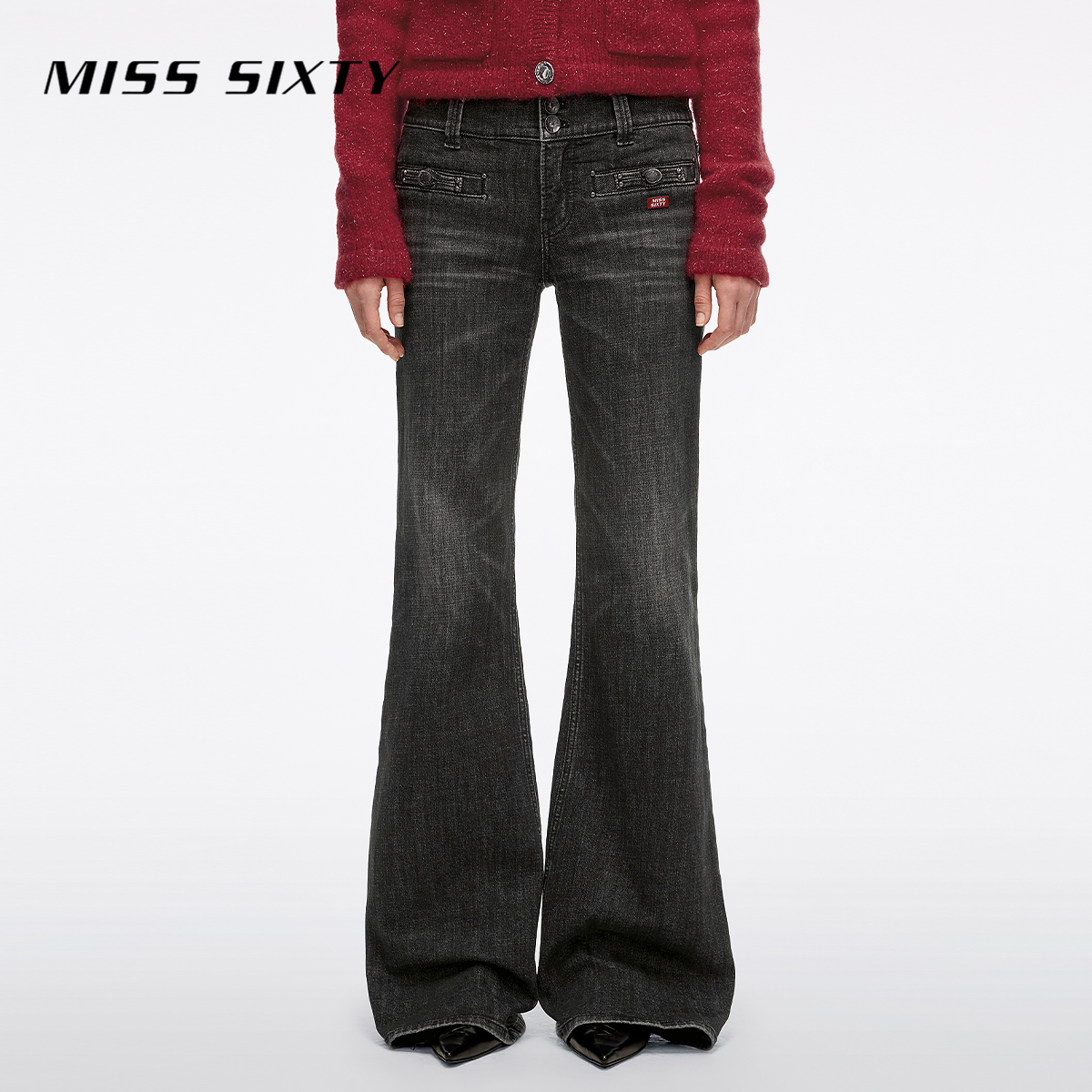 Miss Sixty2026春季新款牛仔裤女中腰双扣做旧标牌显瘦百搭喇叭裤