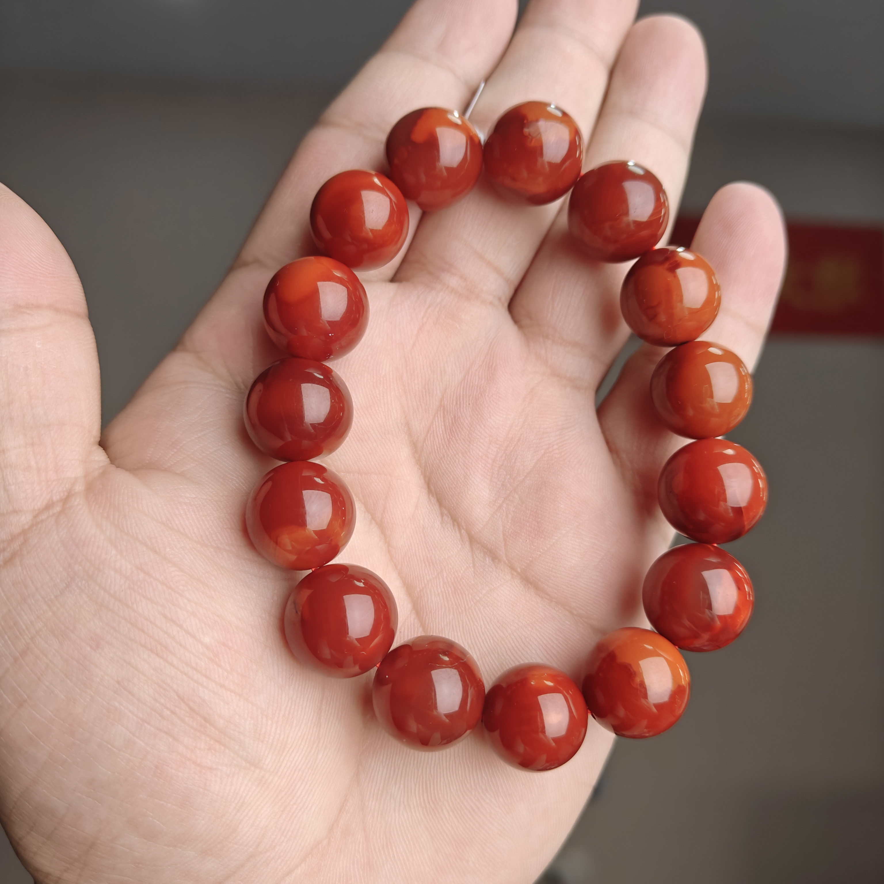 约14-15mm南红圆珠单圈手串