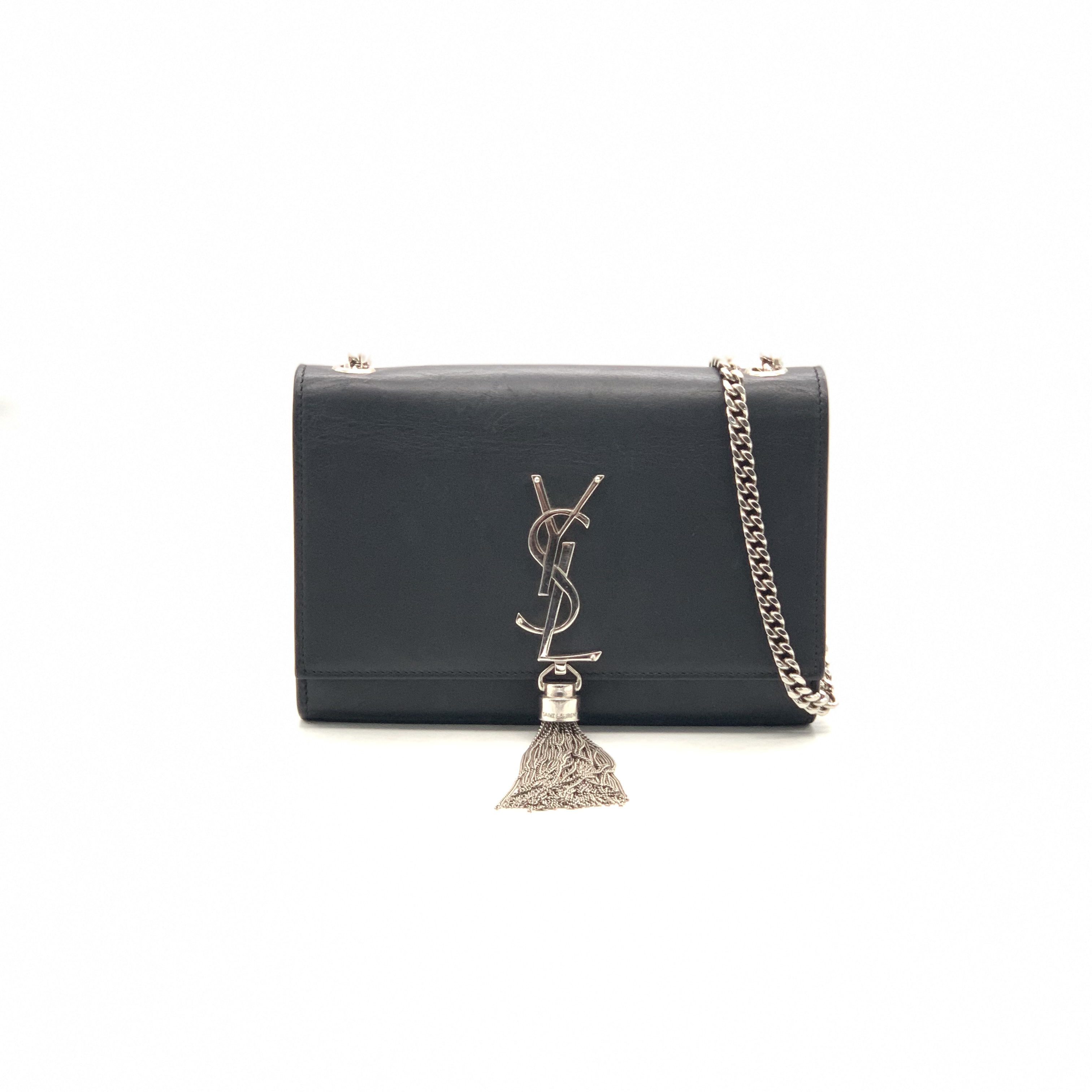 95新 YSL/圣罗兰 黑银光面kate流苏包/